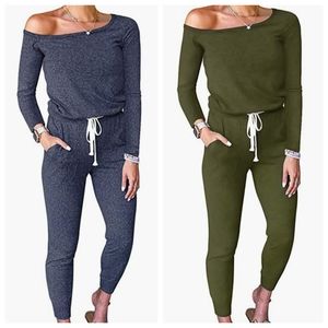 BUNDLE OF 2 Off the Shoulder Drawstring Waist One Piece Jogger Jumpsuits…